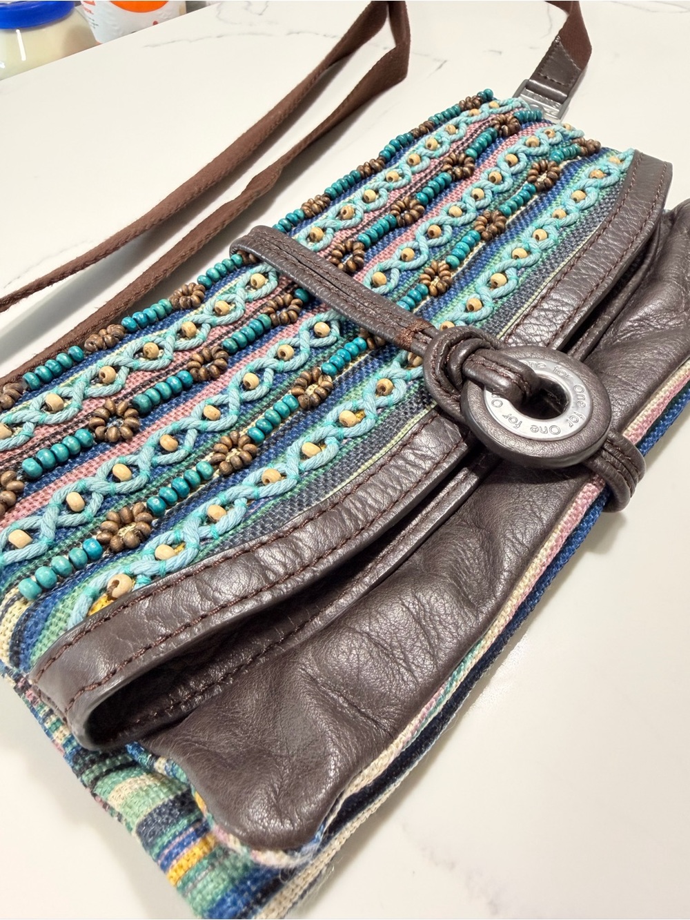 Toms Brown Leather Crossbody with Turquoise Beaded Panel